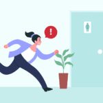 A woman dealing with frequent urination, possibly from an overactive bladder.