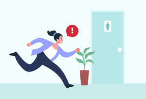 A woman dealing with frequent urination, possibly from an overactive bladder.