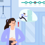 A woman dealing with repeated digestive discomfort while commuting by train.