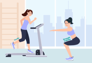 Two women performing different workouts to explore whether cardio or strength training is more beneficial.
