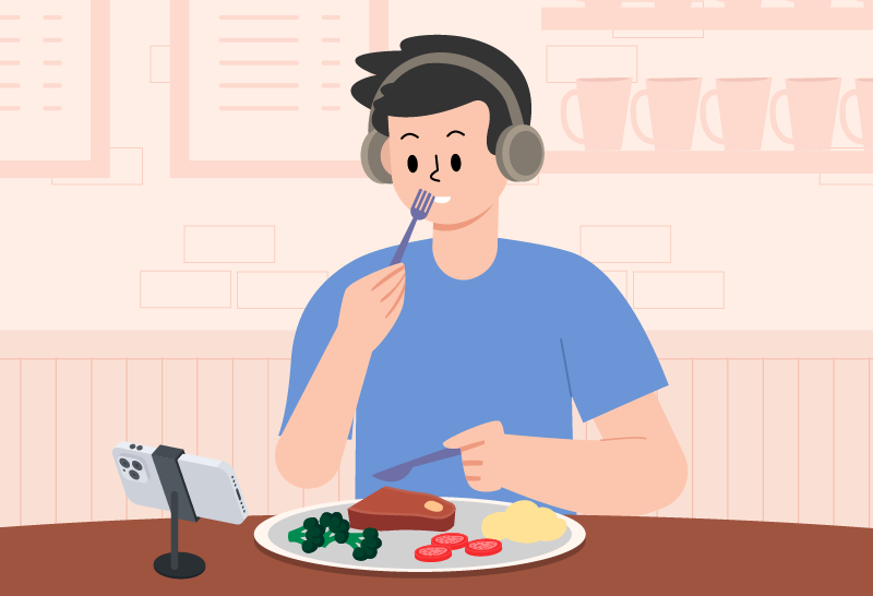 Visual highlighting distracted eating habits as a potential impact on mindful nutrition and digestion.